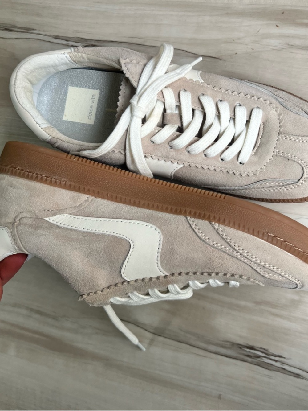 Dolce Vita Suede Sneakers in Light Beige & White with Gum Sole - Picture 2 of 8